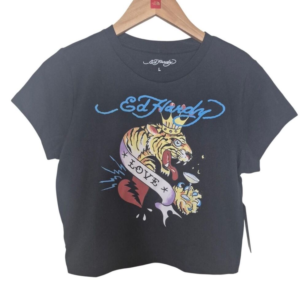Ed Hardy Black Tiger Crown Baby Tee Size Large Y2K NEW